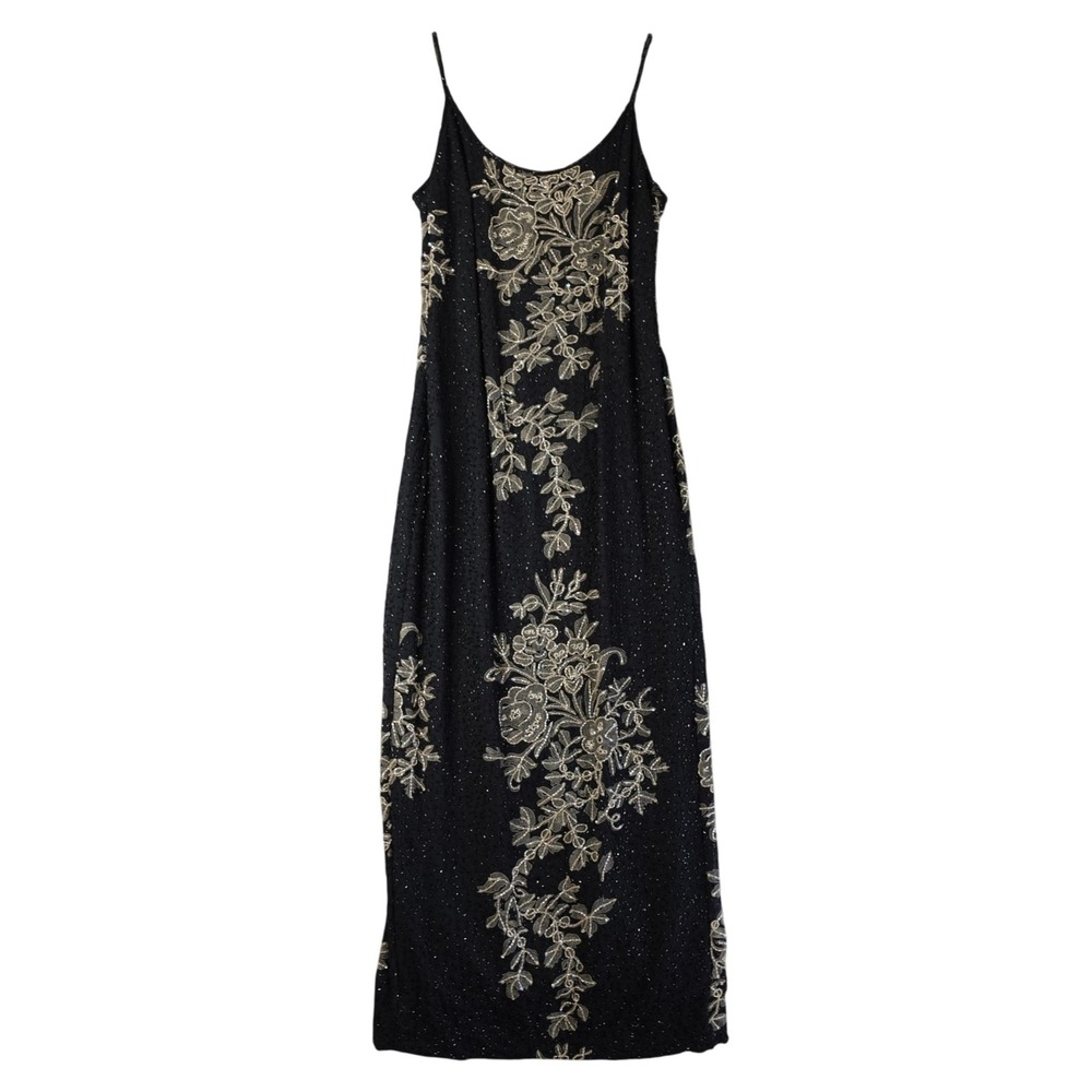 Vintage 90s Maxi Gown 6 Black Beaded Floral Sequin Whimsigoth Fairy Slip Dress